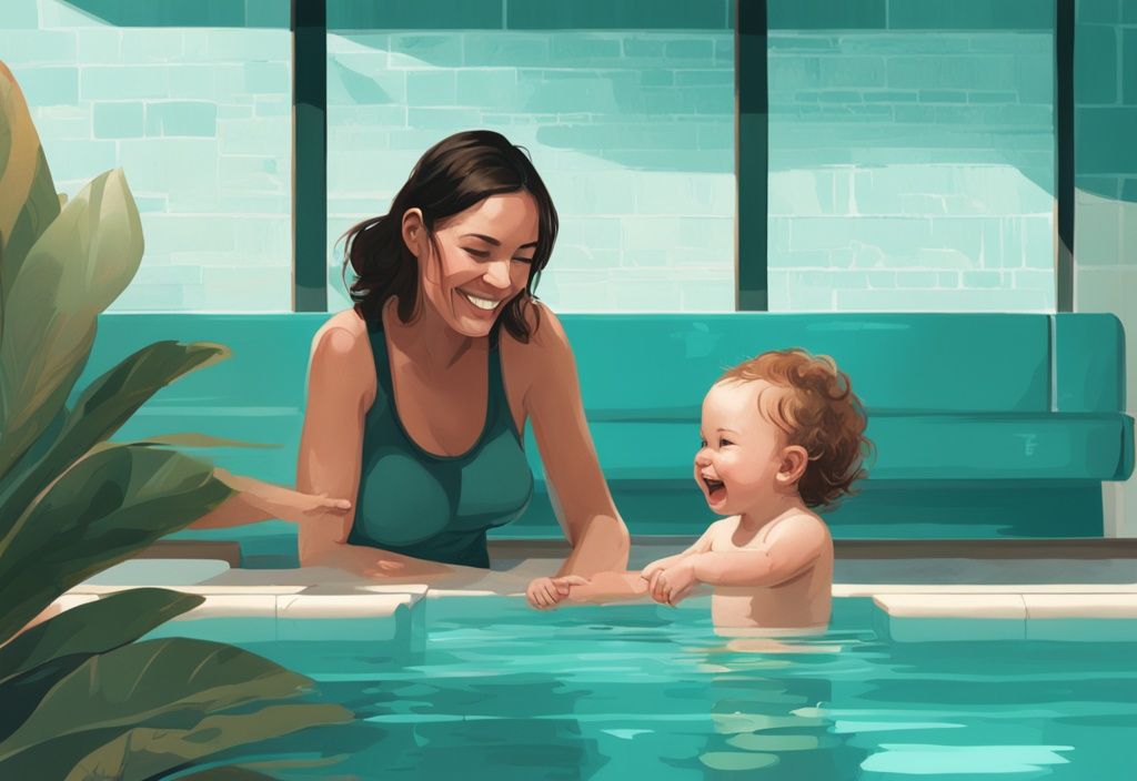 Mutter zeigt Baby sicheren Pool mit Schwimmlehrer, moderne digitale Illustration in Teal-Tönen