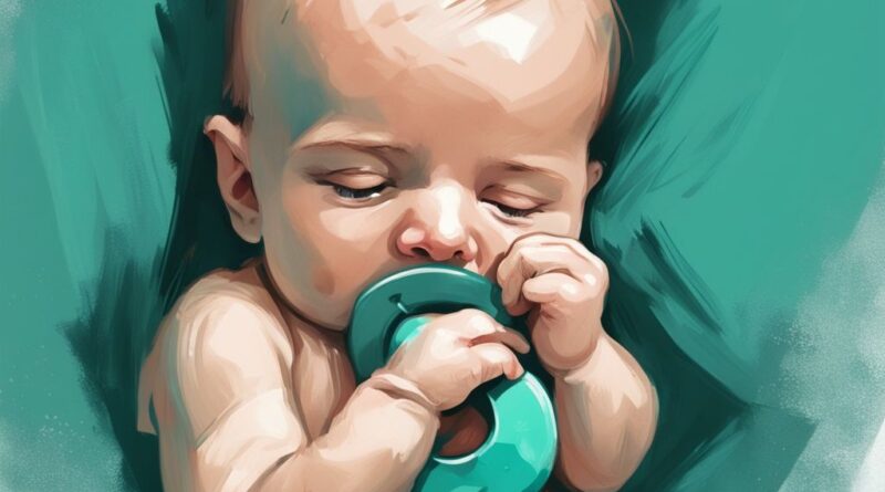 Baby zahnt was tun: Modernes digitales Gemälde eines verzweifelten Babys, das auf einem sicheren Beißspielzeug kaut, unter den wachsamen Augen eines tröstenden Elternteils, in Teal-Farbtönen.