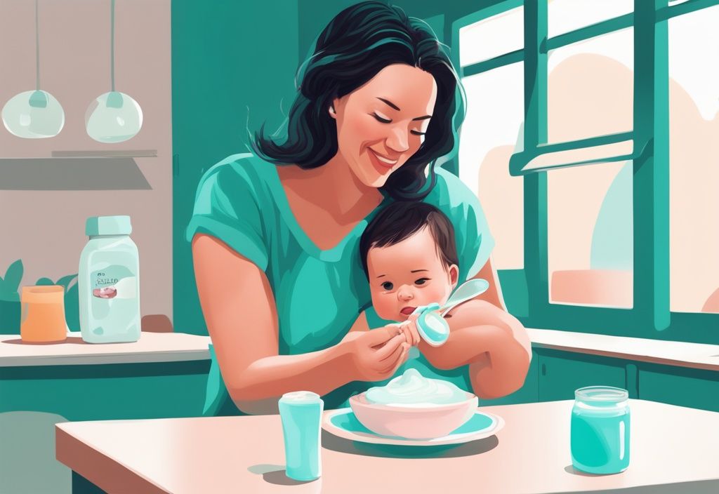 Moderne digitale Illustration in Türkis, Mutter füttert Baby mit Joghurt, Textbox zeigt geeignetes Alter für Babys