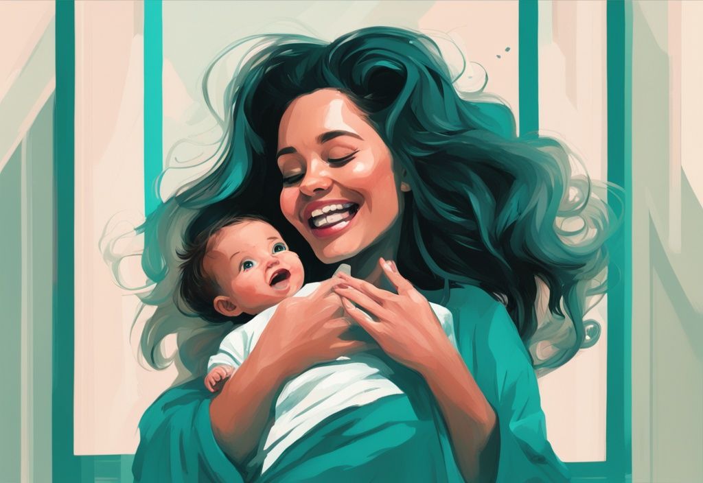 Moderne digitale Illustration in Teal-Tönen: Ein glückliches, weit aufgerissenes Baby schaut zu einer lächelnden Frau hoch, die "mama" zu sagen scheint. wann sagt Baby Mama