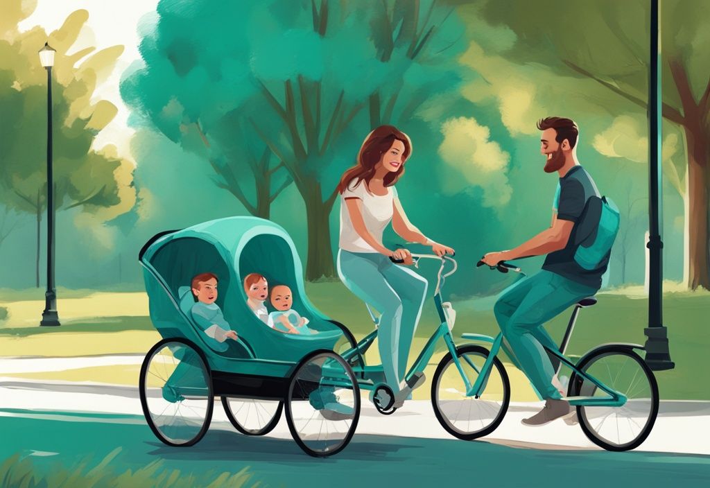 Junge Familie genießt eine Fahrradtour im Park mit einem lächelnden Baby sicher im Fahrradanhänger - ab wann dürfen Babys in den Fahrradanhänger.