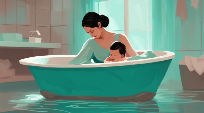 Moderne digitale Malerei, die eine ruhige Szene zeigt, in der eine Mutter ihr neugeborenes Baby in einer Babywanne badet, ab wann Baby baden