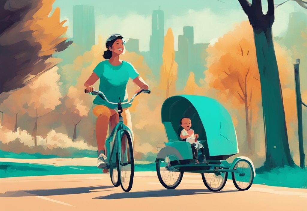 Moderne digitale Malerei einer glücklichen Familie, die an einem sonnigen Tag mit einem Baby im Fahrradanhänger Fahrrad fährt, Hauptfarbthema ist Türkis.