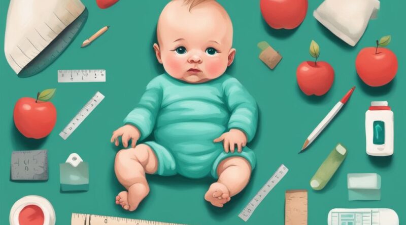 Moderne digitale Illustration eines Neugeborenen neben einem Lineal und einem Apfel, um die Frage zu beantworten: wie groß ist ein Baby bei der Geburt, Hauptfarbthema ist Türkis.