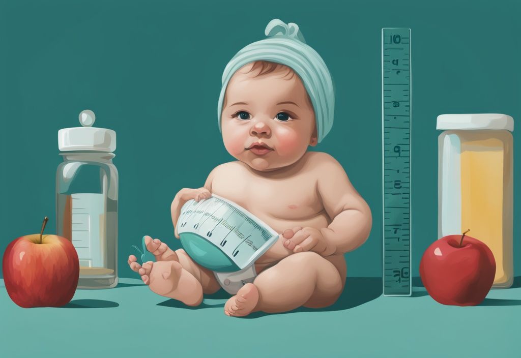 Moderne digitale Malerei eines Neugeborenen neben einem Lineal und einem Apfel, um visuell darzustellen, wie groß ist ein Baby bei der Geburt. Hauptfarbthema: Teal.