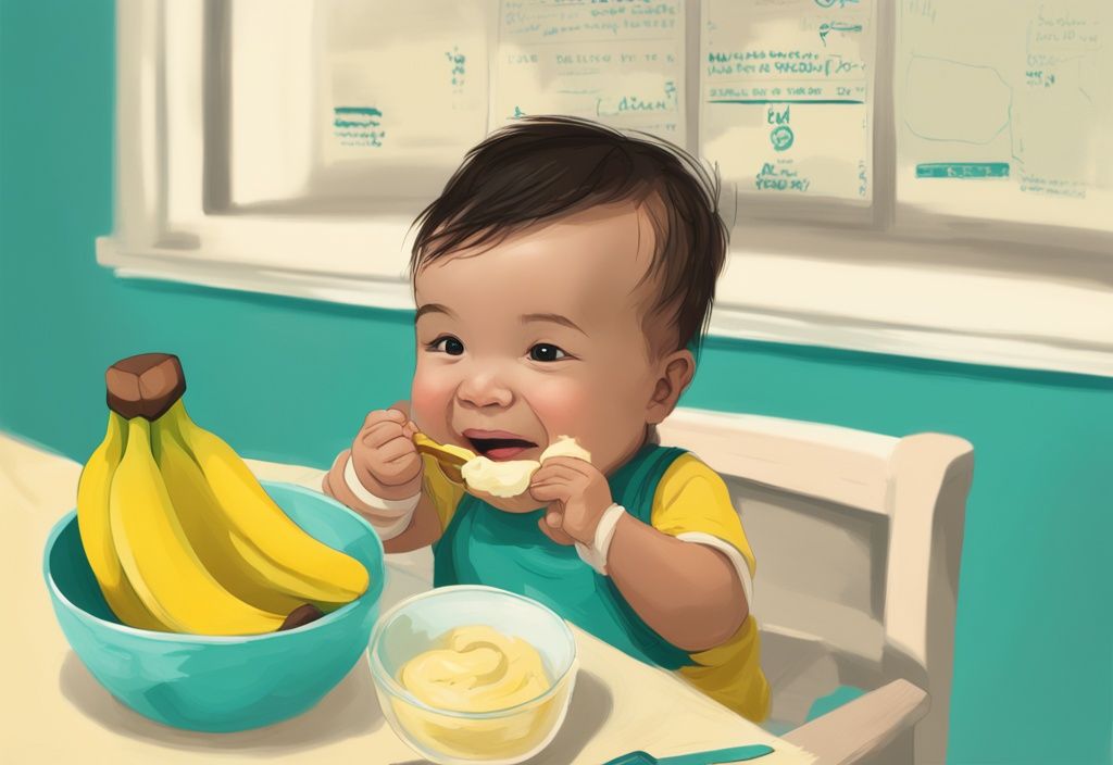 Moderne digitale Malerei mit einem glücklichen Baby, das eine zerdrückte Banane isst, im Hintergrund eine Zeitleiste zur Einführung von Bananen in die Babyernährung